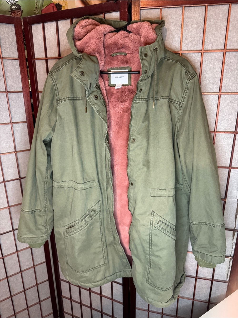 Old Navy Olive Green Utility Jacket with Pink Faux-Fur Lining